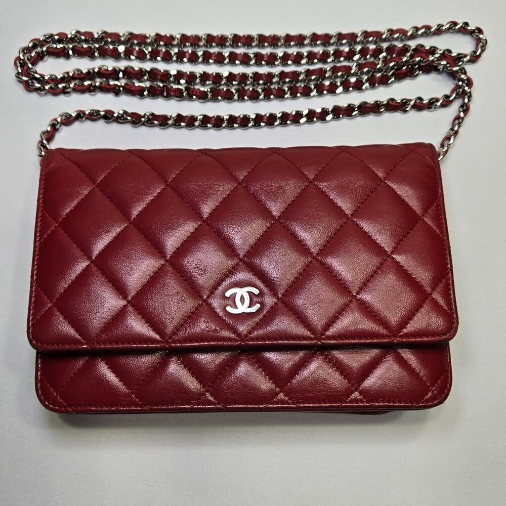 CHANEL Timeless Classic Wallet on Chain in Red Lambskin with Silver Chain